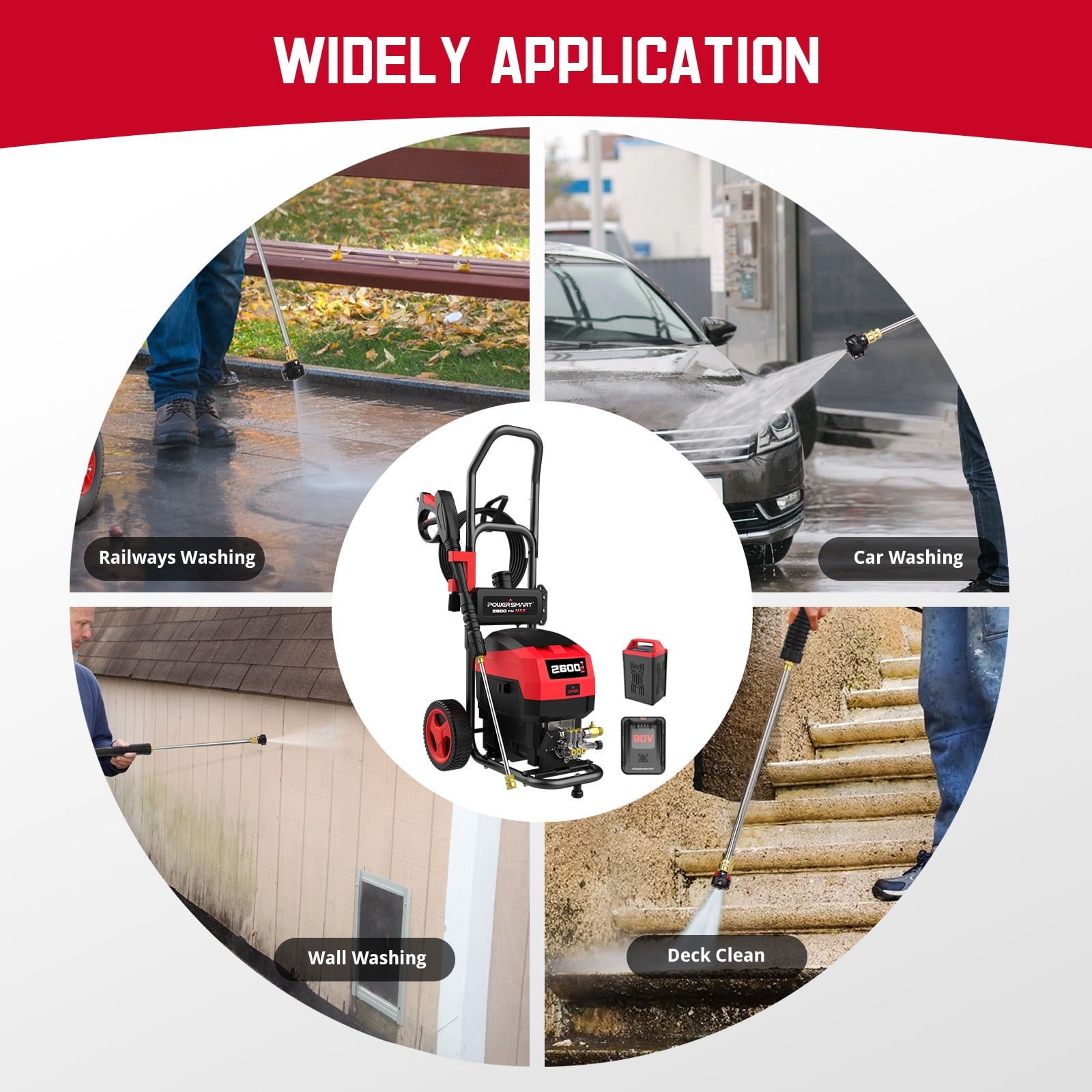 PowerSmart 80V Cordless Pressure Washer, 2600 PSI, 5 Adjustable Nozzles, 6.0 Ah Battery & Charger