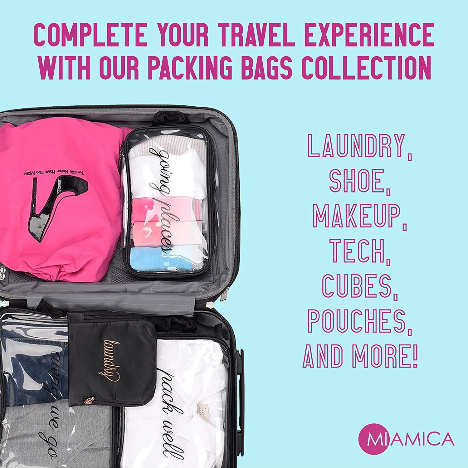 Miamica Travel Bottles Set – 15-teiliges Reise-Kit Mit TSA-konformen Flaschen & Toilettentasche (Clear/Rose Gold)