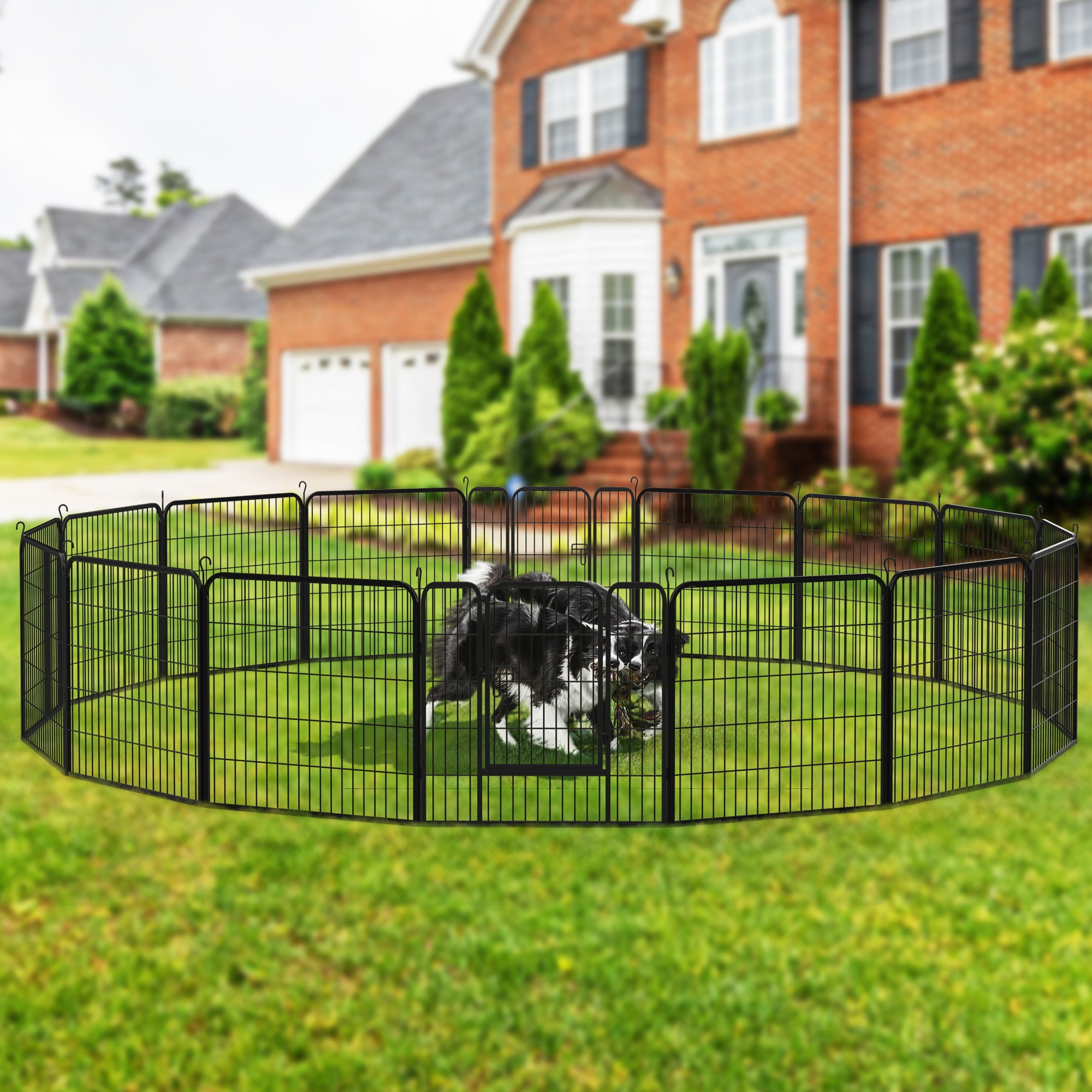 Dextrus 16 Pcs Metal Panel Decorative Garden Fence 32 inch Tall Multi-Purpose Indoor and Outdoor Animal Barrier Pet Dog Fence with Door for Yard Patio