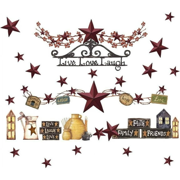 Country Style Wall Decals Country Stars Berries Live Love Laugh Wall Sticker Vintage Western Country Home Farmhouse Wall Decor Kitchen Stickers Rustic Decor for Living Room Bedroom