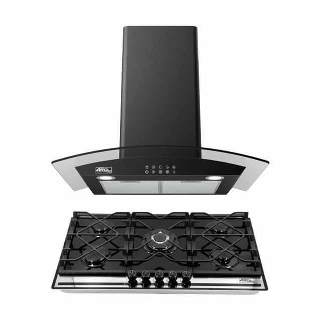 Combo Parrilla y Campana AROL 90 Cm 5 Quemadores Vidrio Negro Bitono