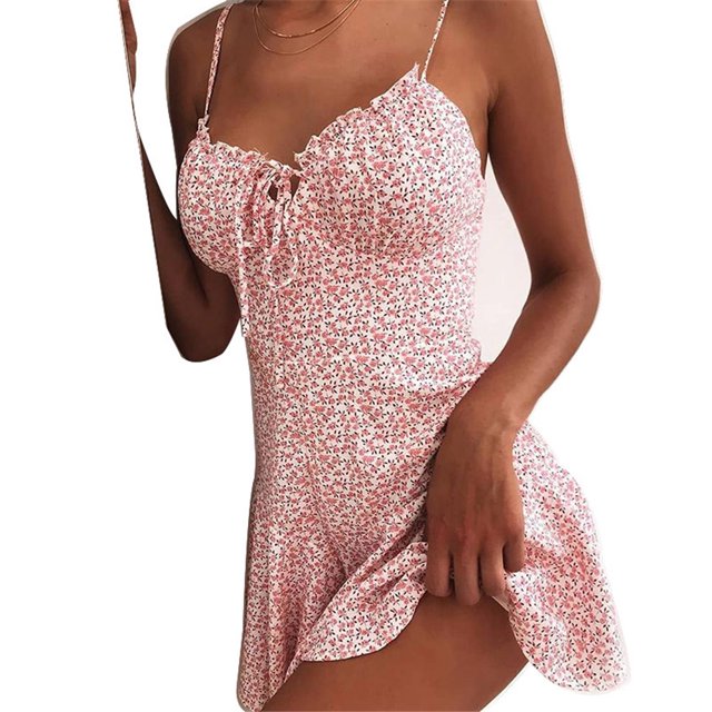 CAROOTU Femmes Été Bohème Floral V-Cou Mini Robe Vacances Plage Courte Robe de Soleil
