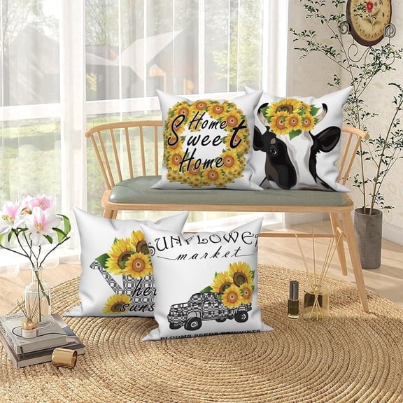 Set of 4 Throw Pillow Covers Summer Sunflower,Farmhouse Cow Buffalo Pillow Case Sofa Couch Cushion