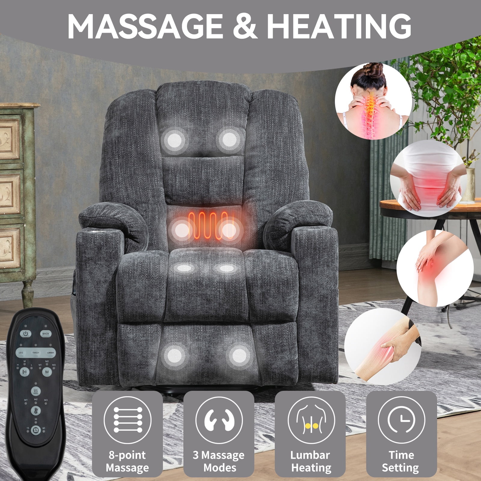 Power Lift Recliner Chair with Massage and Heat for Elderly, Segmart Overstuffed Wide Recliners, Heavy Duty Motion Mechanism with USB and Type C Ports, 2 Steel Cup Holders, Dark Gray