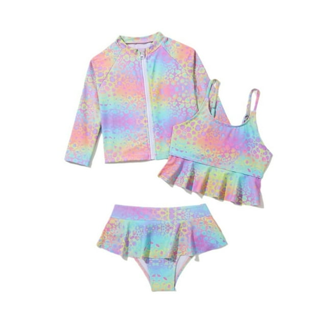 Hiiyo Maillot de Bain Tankini à Volants pour Filles, Manches Longues, 3 Pcs
