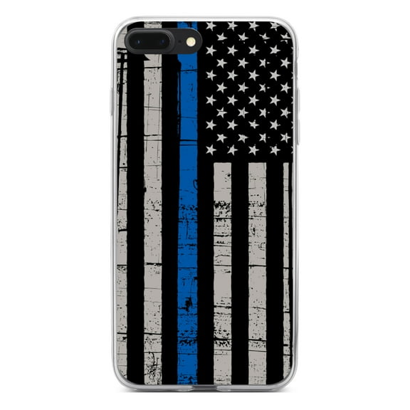 DistinctInk Clear Shockproof Hybrid Case for iPhone 7 PLUS / 8 PLUS (5.5" Screen) - TPU Bumper, Acrylic Back, Tempered Glass Screen Protector - Weathered Thin Blue Line US Flag - First Responders