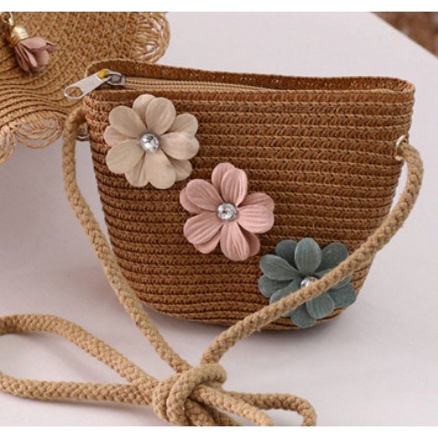 Sombrero de paja con encaje de verano para niñas, sombrero de ala grande a la moda para padres e hijos, conjunto de bolso de encaje con colgante de flores para viajes