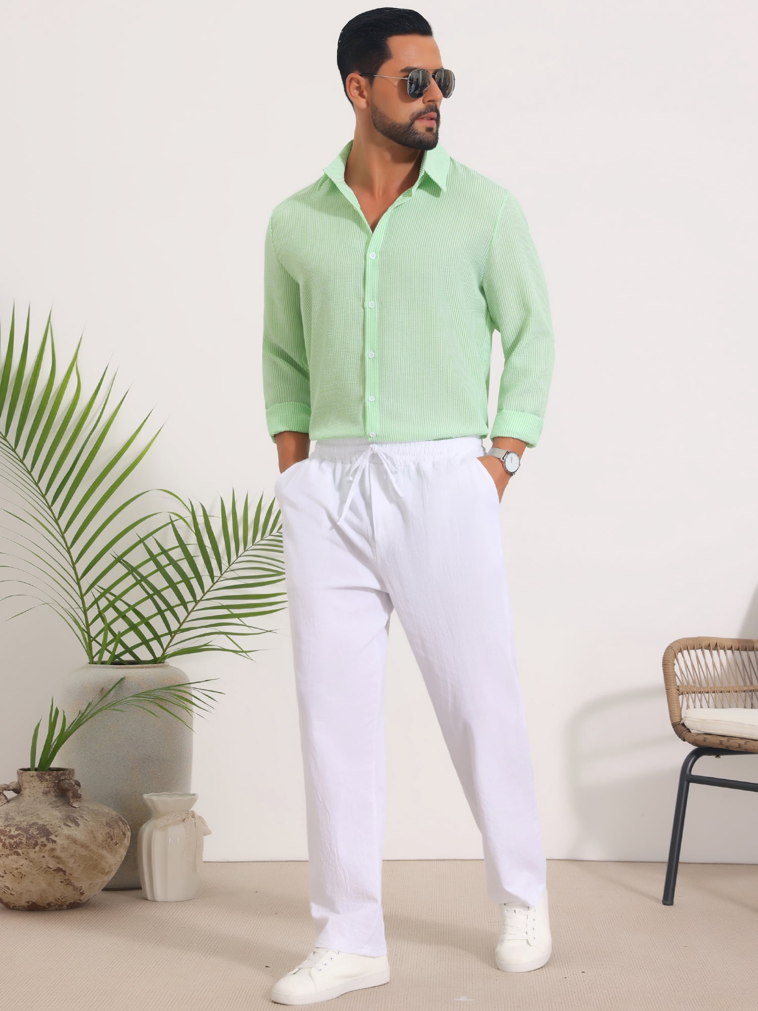 DARING DIVA Men's Seersucker Long Sleeve Button Down Textured Striped Shirts M Green