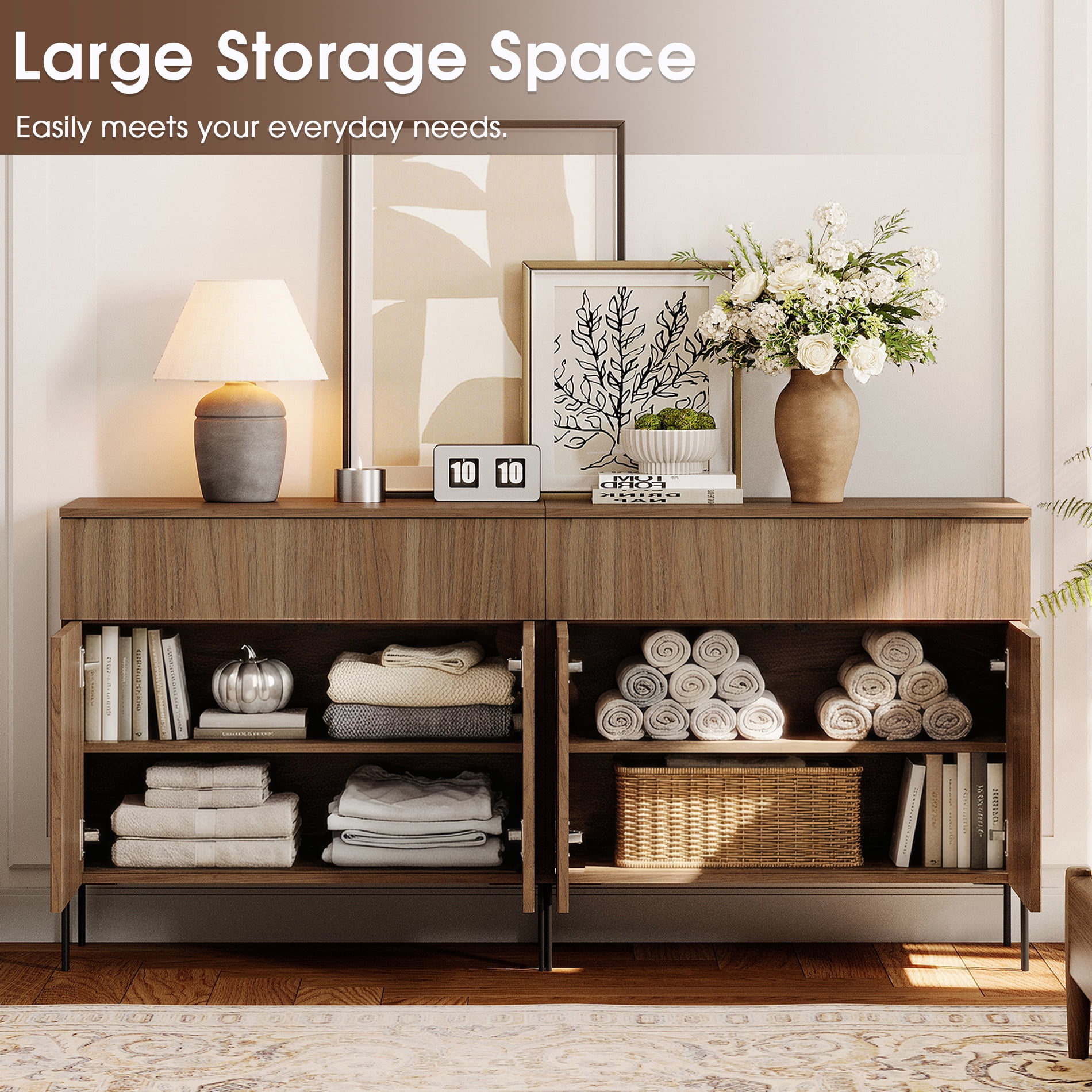 63" Wooden Reeded Sideboard with Doors and Drawers, 2-In-1 Modern Credenza Storage Cabinet for Kitchen, Dining Room
