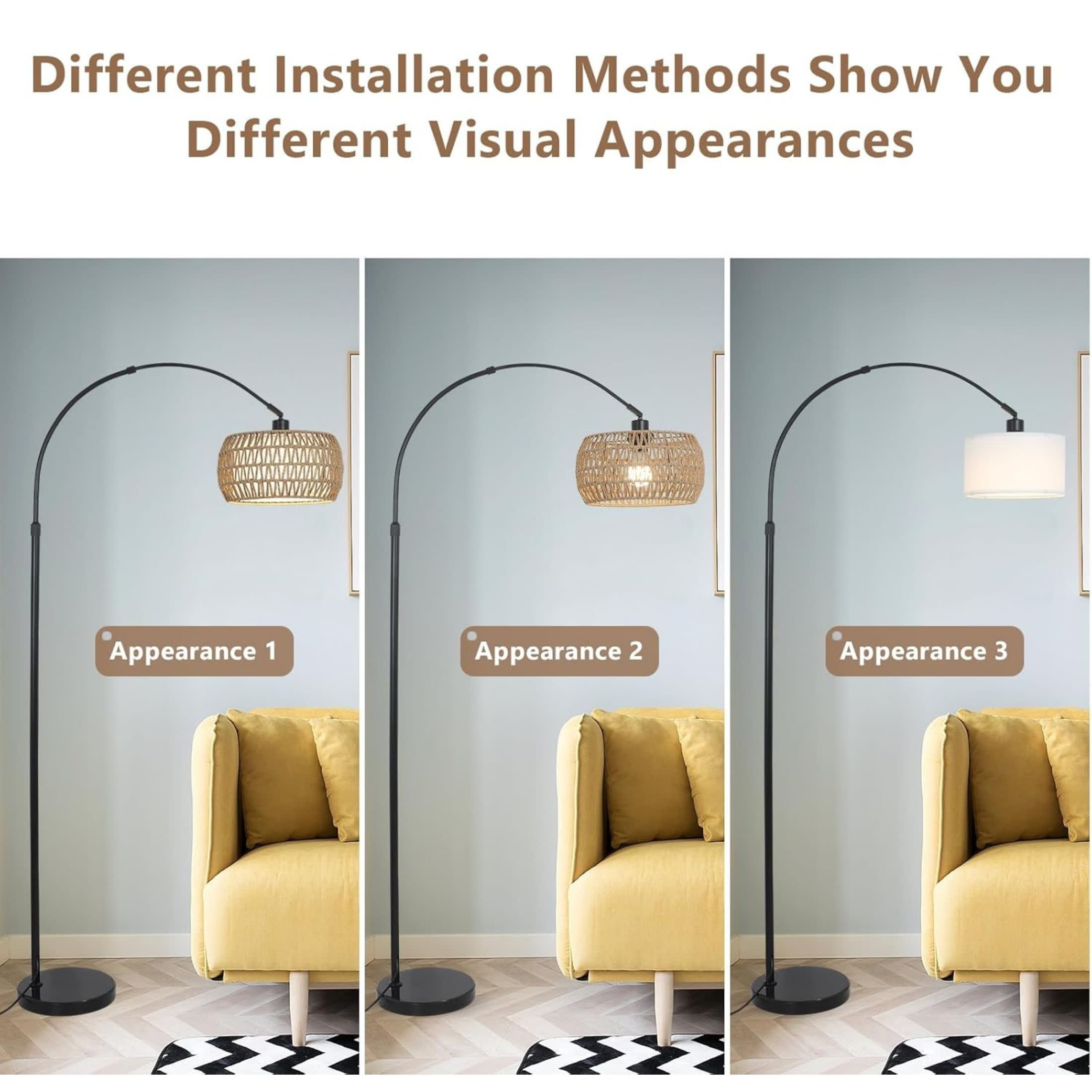 Noble House Arc Floor Lamp with Rattan and Fabric Shades,  Dimmable LED Bulb & Remote, Farmhouse Tall Lamp, Black