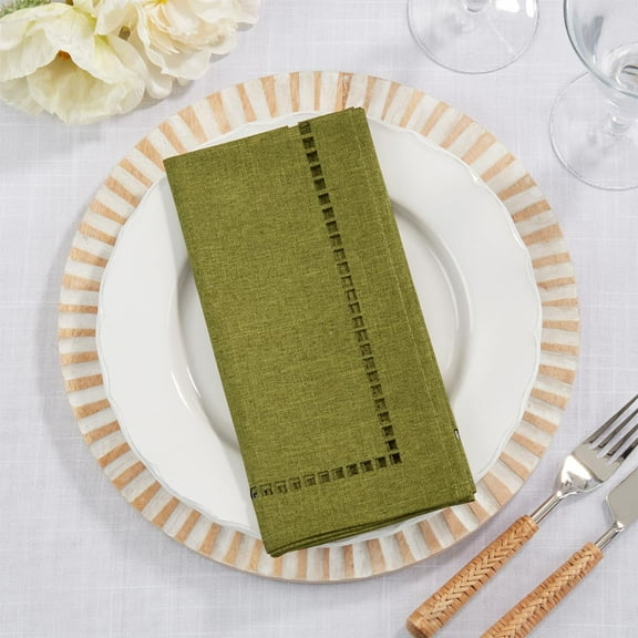 Fennco Styles Solid Color Laser-Cut Hemstitch Cloth Napkins 20" W x 20" L, Set of 4 - Green Classic Dinner Napkins for Dining Table Décor, Banquets, Holiday, Family Gathering and Special Occasion