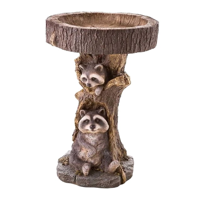 Estatuilla de estatua de mapache, cuenco de baño para pájaros de jardín, comedero de resina para pájaros silvestres, bebida, balcón, barandilla, exter