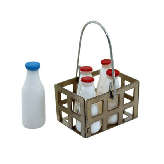 5in1 Miniature Milk Bottle Collectible Milk Bottle Basket Set for Dollhouses Kitchen Dining Room and Restaurant Display