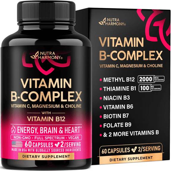 Vitamin B Complex for Men & Women - Made in USA - B1, B2, B3, B5, B6, B7, B8, B9, B12 - Energy, Brain & Heart Support Supplement, 60 Vegan Capsules