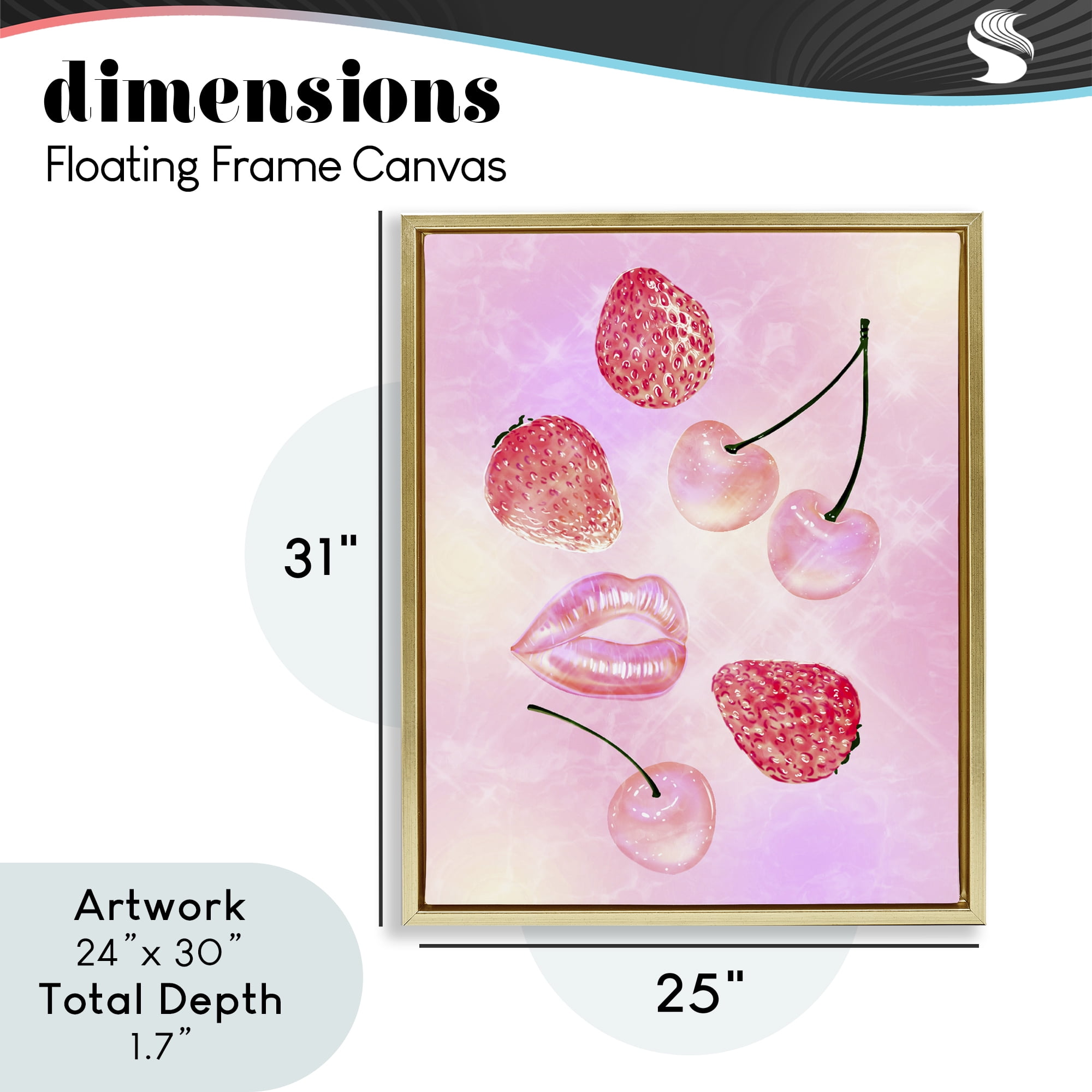 Pink Fruits and Kisses Gold Framed Floater Canvas Wall Art, design by Ziwei Li