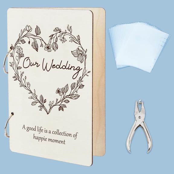 Our Wedding Greeting Card Organizer Planning Book Binder Card Keeper Leaves Hearts Holder Wooden Keeper Binder Photo Album 2-Rings Cover Keepsake Wedding with Punch and 10 Cards Pocket DIY Making