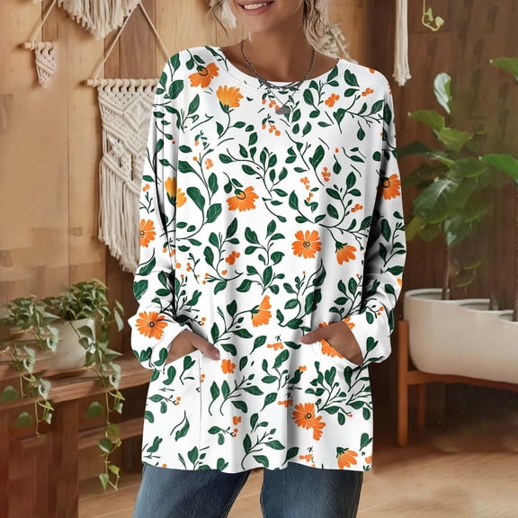 Gamivast Cow Print Graphic Tees for Women Loose Crew Neck Long Sleeve Tunic Tops Casual Pullover Sweatshirts Pockets Daily Wear Outfits