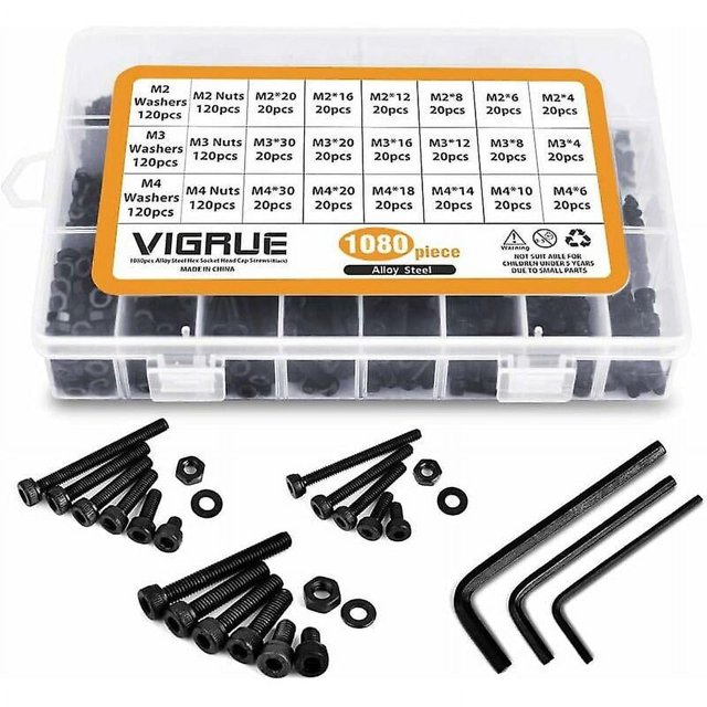 1080PCS M2 M3 M4 Tornillos de cable con cabeza hexagonal de acero al carbono con surtido de tuercas (negro),