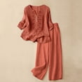 thumbnail image 4 of 3/4 Sleeve Embroidered Linen Set for Women, V-Neck Cotton Blend Top & Wide Leg Cropped Pants 2 Piece Outfit - Boho Summer Vacation Lounge Co-ord Set Saffron L, 4 of 8