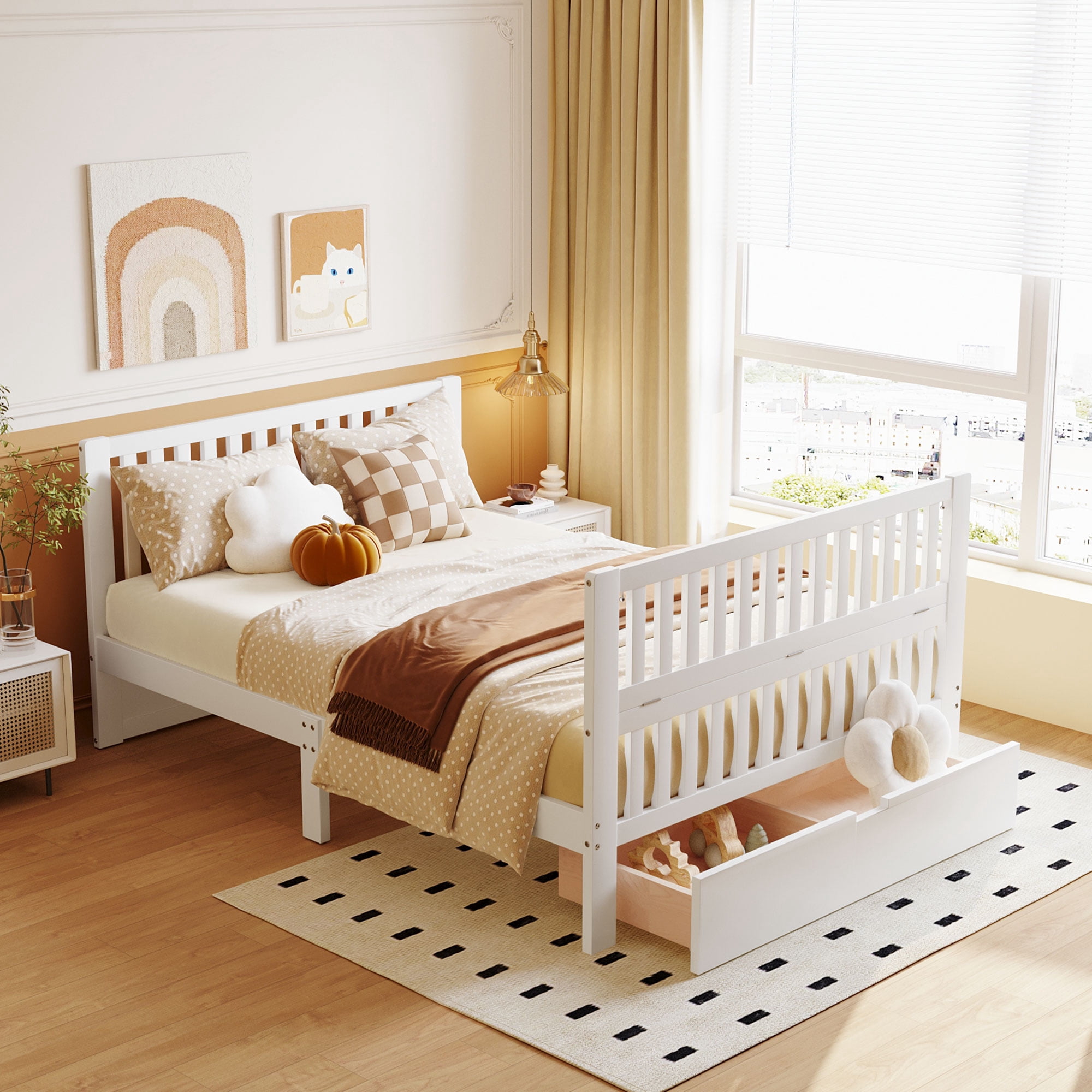 Euroco 4-in-1 Convertible Crib, Baby Crib with Drawers, Crib to Full Size Platform Bed, Wood and Metal, White