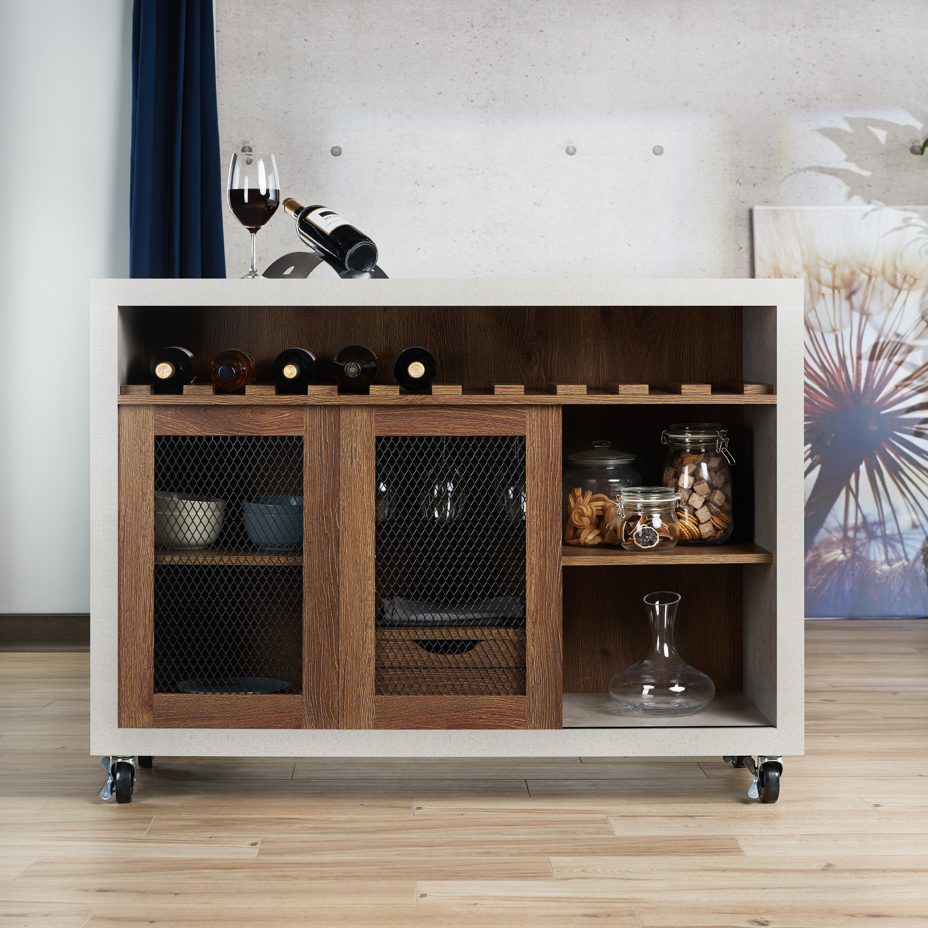 Furniture of America 47" Joslyn Industrial Wood Multi-Storage Sideboard Buffet, Distressed Walnut