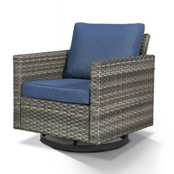 PARKWELL Outdoor Swivel Glider Chair, Patio Swivel Rocking Lounge Chair with Navy Cushions for Balcony Patio, Gray Wicker