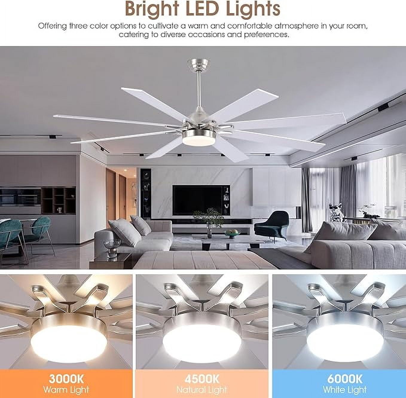 PHORUS 72" Modern Ceiling Fan with LED Light, Quiet Reversible Motor, 6-Speed Remote Control, Adjustable Height, Silver– For Large Rooms & Covered Patios
