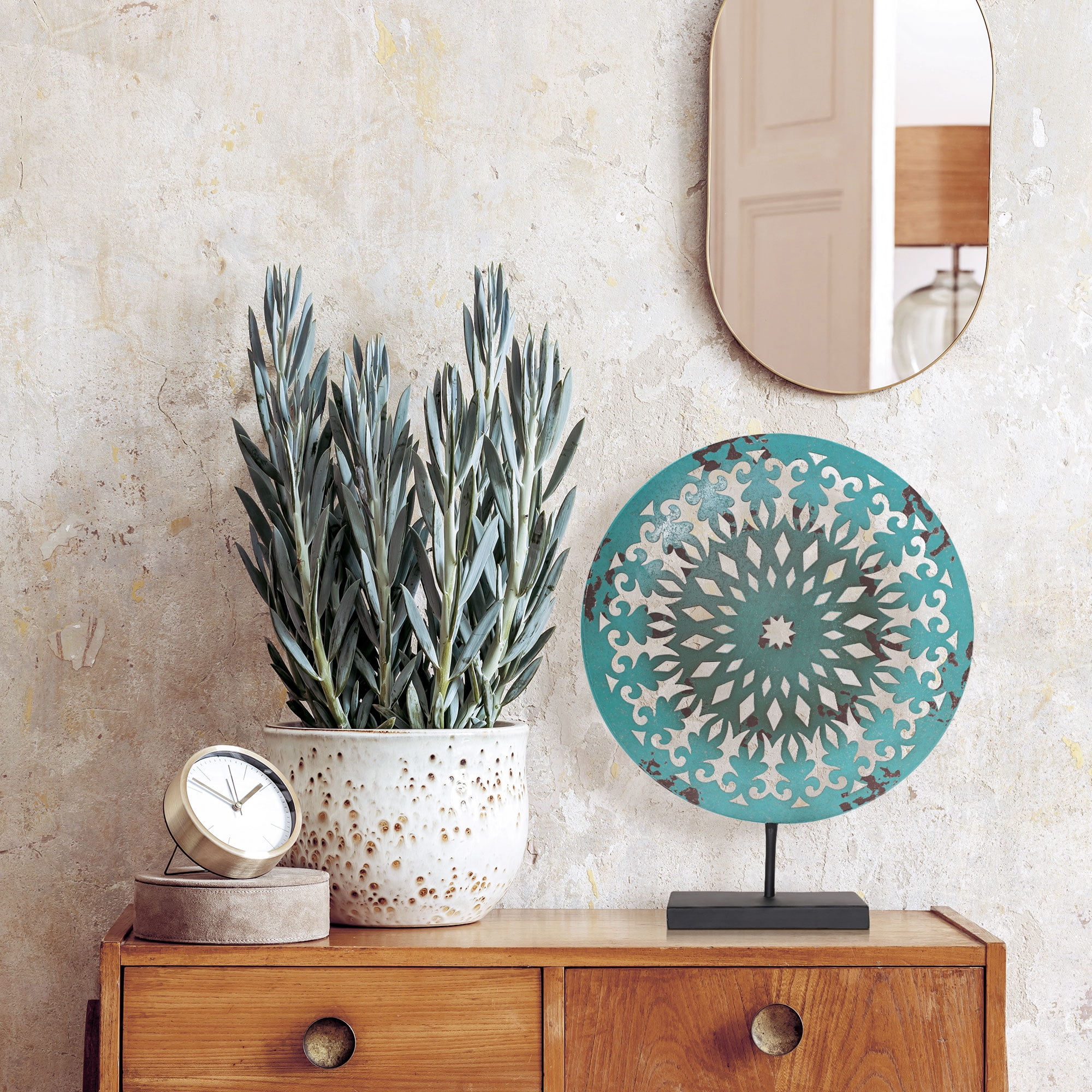 American Art Decor Turquoise Blue Rustic Antique Distressed Metal Mandala Medallion Round Tabletop Art Sculpture - 15" H x 12" L x 3" D