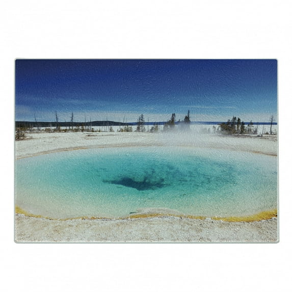 Yellowstone Cutting Board, Volcanic Hot Spring in Yellowstone Park Snowy Winter Sky Landscape Picture, Decorative Tempered Glass Cutting and Serving Board, Small Size, Turquoise Blue, by Ambesonne