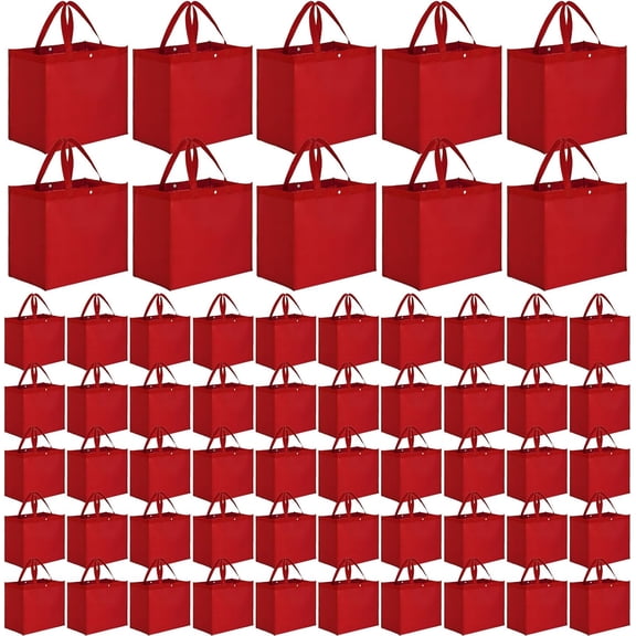 60 Pcs Reusable Grocery Shopping Bags Large Foldable Gift Tote Non Woven Fabric Bags with Handle and Plastic Button for Birthdays, Bridesmaids, Party Favors, 15 x 9.5 x 13 Inch(Red)