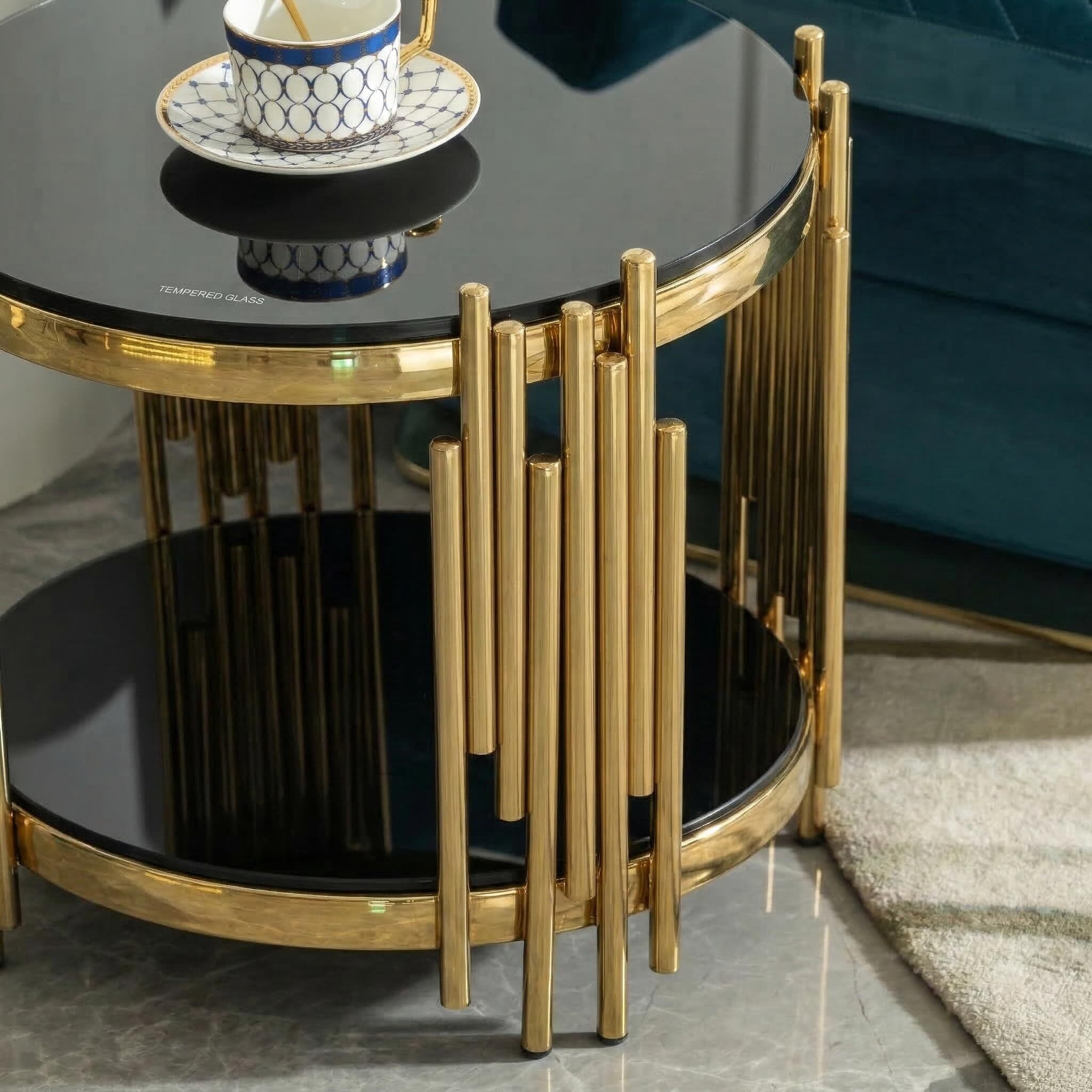 Shikeyi 18" Modern 2-Tier Round End Table, Luxury Gold Stainless Steel Side Table with Black Tempered Glass Top for Living Room, Bedroom & Small Spaces
