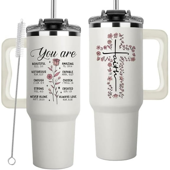 Christian Tumbler 40Oz, Religious Faith Bible Verse Cup with Handle and Straw, Christian Gifts for Women, Mom, Inspirational Spiritual Jesus Tumblers, Godly Coffee Cups, Biblical-Based Birthday Ideas