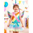 thumbnail image 3 of SANMIO 9-Piece Girls' Birthday Unicorn Costume Outfit Kids Dress Set Rainbow Striped Ruffled Top, Tulle Puffy Skirt & Unicorn Headband Accessory Set, 3 of 6