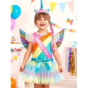 SANMIO 9-Piece Girls Birthday Unicorn Costume Outfit Kids Dress Set Rainbow Striped Ruffled Top, Tulle Puffy Skirt & Unicorn Headband Accessory Set