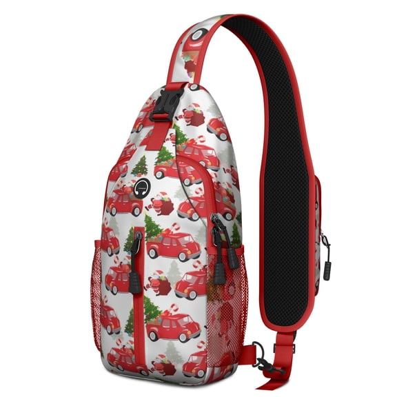 Sling Backpack,Red Christmas Car Pattern Crossbody Bag with Water Bottle Holder,Waterproof Sling Bag for Men/Women with Chest Phone Holder for Hiking,Travel