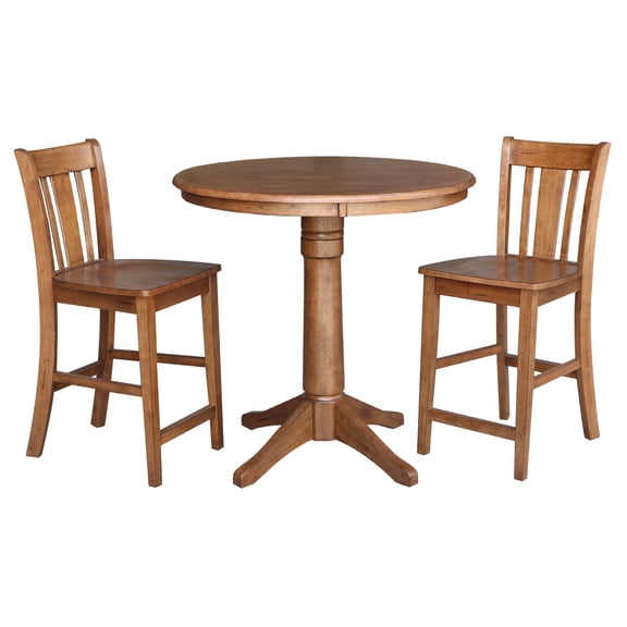International Concepts 36" Round Solid Wood Pedestal Gathering Height Table with 2 San Remo Counter Height Stools in Distressed Oak