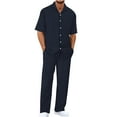 thumbnail image 5 of BinBiL Men Solid Color 2-Piece Set Button Front Short Sleeve Shirt & Pants Daily Casual Ensemble Plus Size Men's Summer Leisure Set Navy L(L), 5 of 8