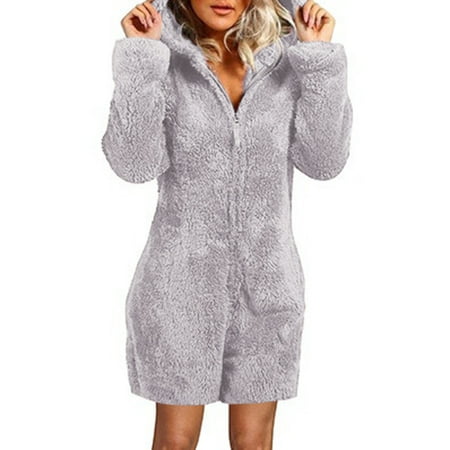 

qucoqpe Womens Cute Sherpa Romper Fleece Onesie Pajama One Piece Zipper Short Hooded Jumpsuit Sleepwear Playsuit on Clearance