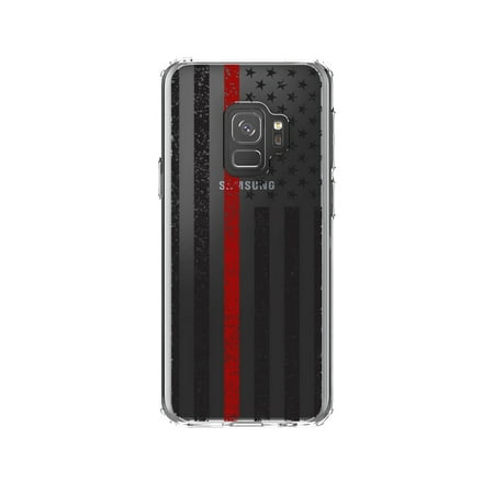 DistinctInk Clear Shockproof Hybrid Case for Samsung Galaxy S9 (5.8 Screen) - TPU Bumper Acrylic Back Tempered Glass Screen Protector - Weathered Thin Red Line US Flag First Responder Support