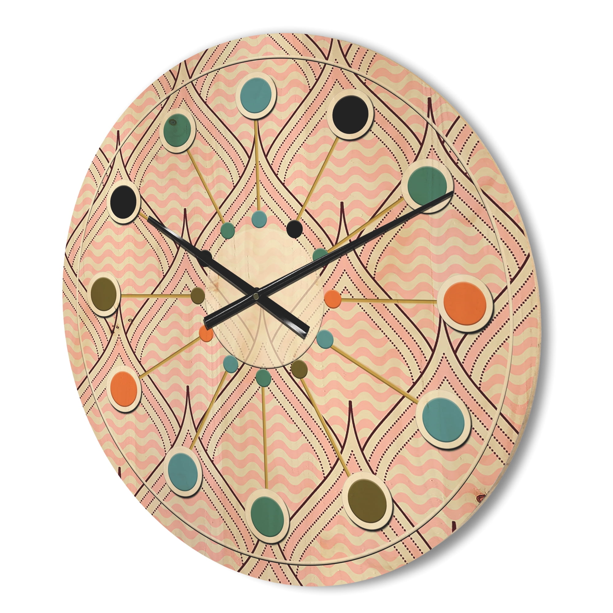 Designart 'Decorative Elements With Retro Ornament' Mid-Century Modern Wood Wall Clock
