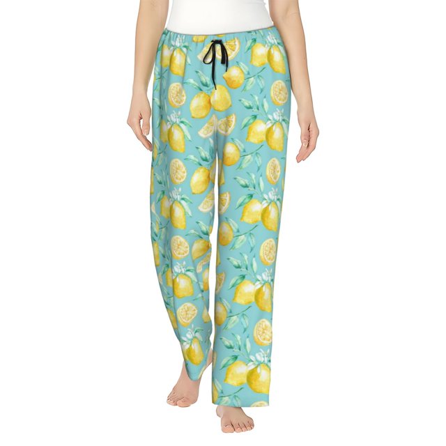 Balery Yellow Lemon Pantalones de pijama para mujer, pijamas ultraligeros, pantalones de estar por casa-Large