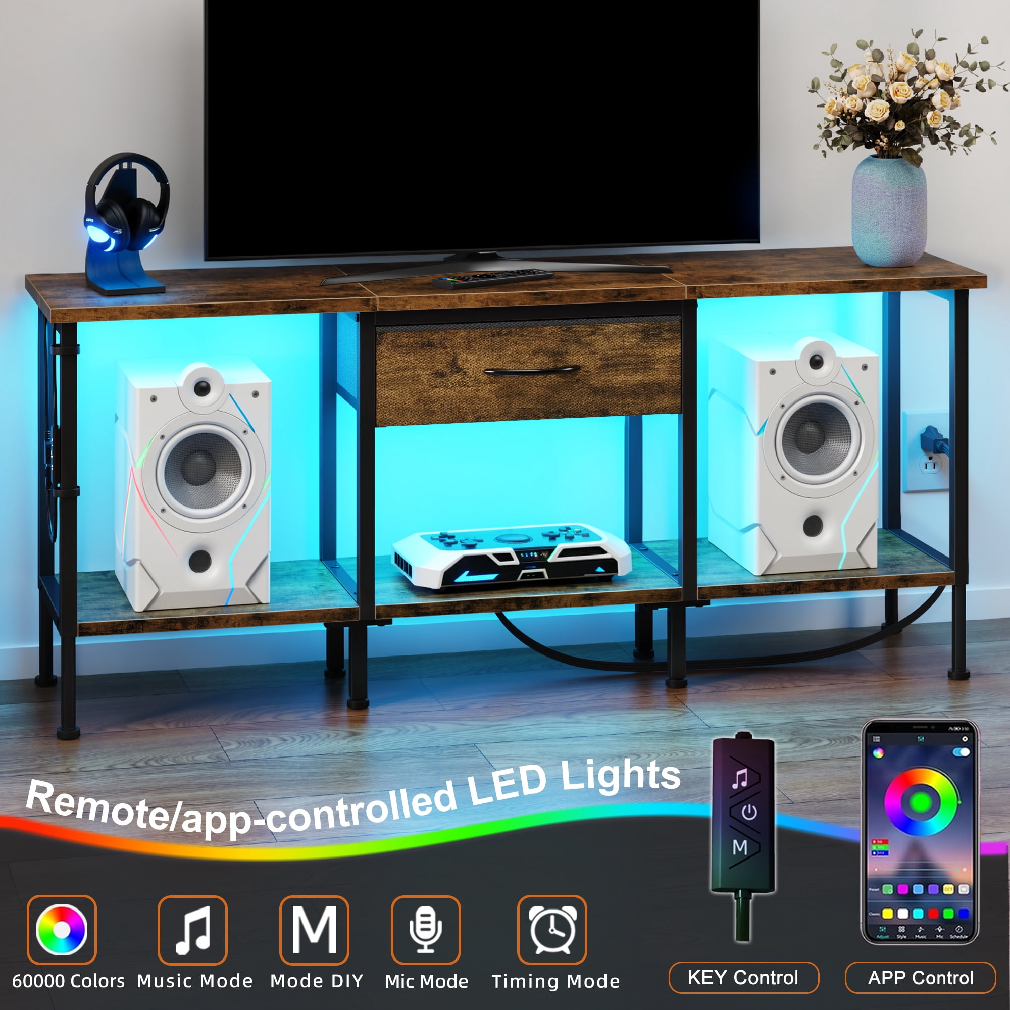 HIGDBFE TV Stand for TVs up to 55 inch, LED Entertainment Center with Fabric Drawers and Power Outlet, Metal TV Console Table for Living Room and Bedroom