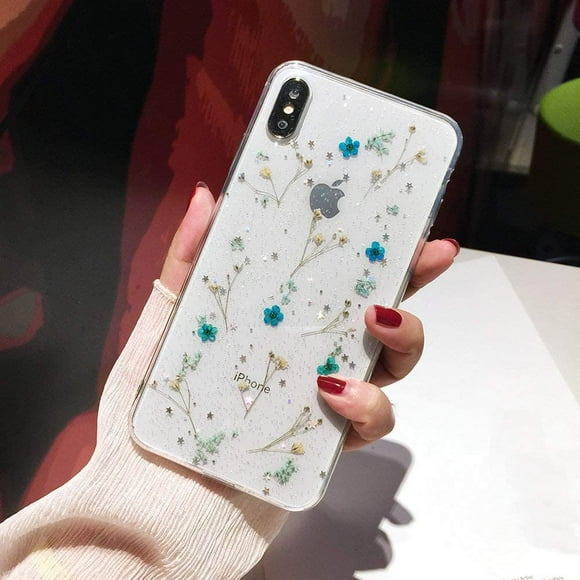 iPhone 8 Plus Flower Case, Shinymore Soft Clear Flexible Rubber Pressed Dry Real Flowers Case Girls Glitter Floral
