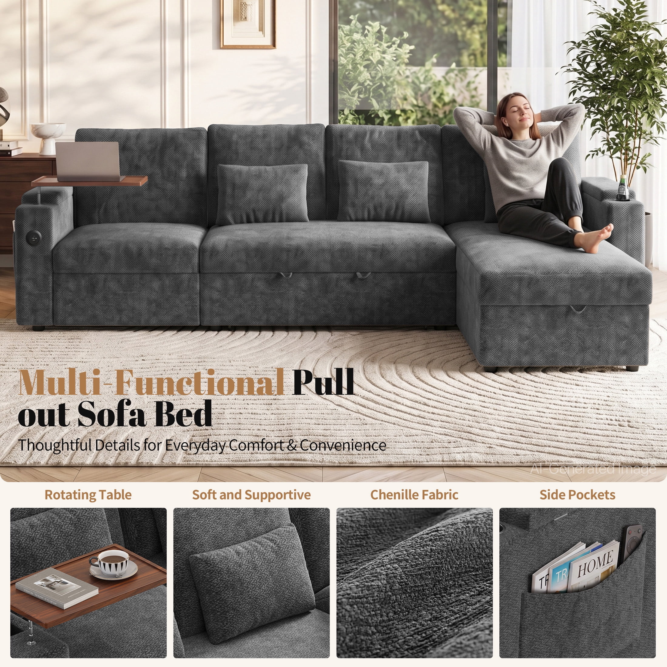 Aenkyo 108" L-Shaped Sectional Sleeper Sofa with Pull Out Bed, Recliner and Storage Chaise, Gray