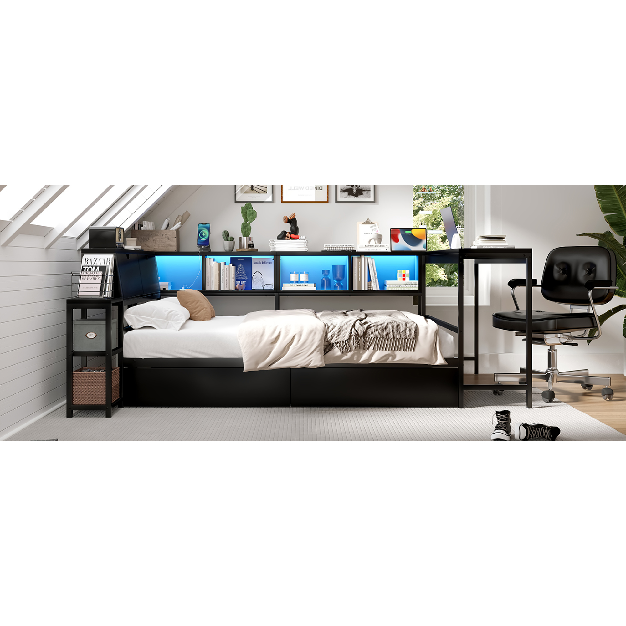 Leumius Full Size Bed Frame with Bookcase and 2 Underbed Storage Drawers, Modern Twin Corner Bed with LED Light and Charging Station for Home Office, Guest Room Black