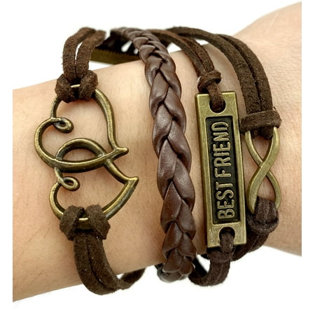 Vintage Bronze Best Friends Infinity Double Hearts Charms Brown Braided Leather Rope Bracelet