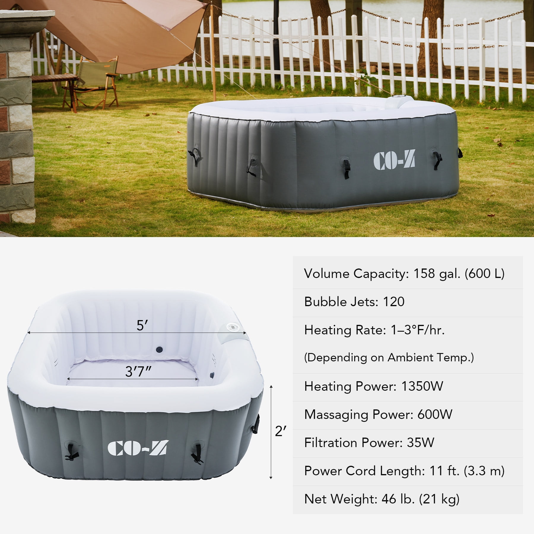 CO-Z 5ft Inflatable Hot Tub Pool with Massage Jets and All Accessories For 2-4 Person, Gray