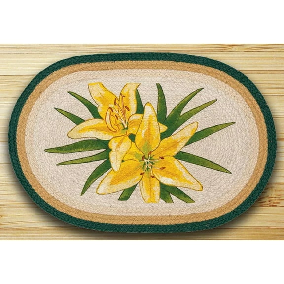 Earth Rugs Braided Rug 20" X 30" Oval 100% Jute -YELLOW LILIES
