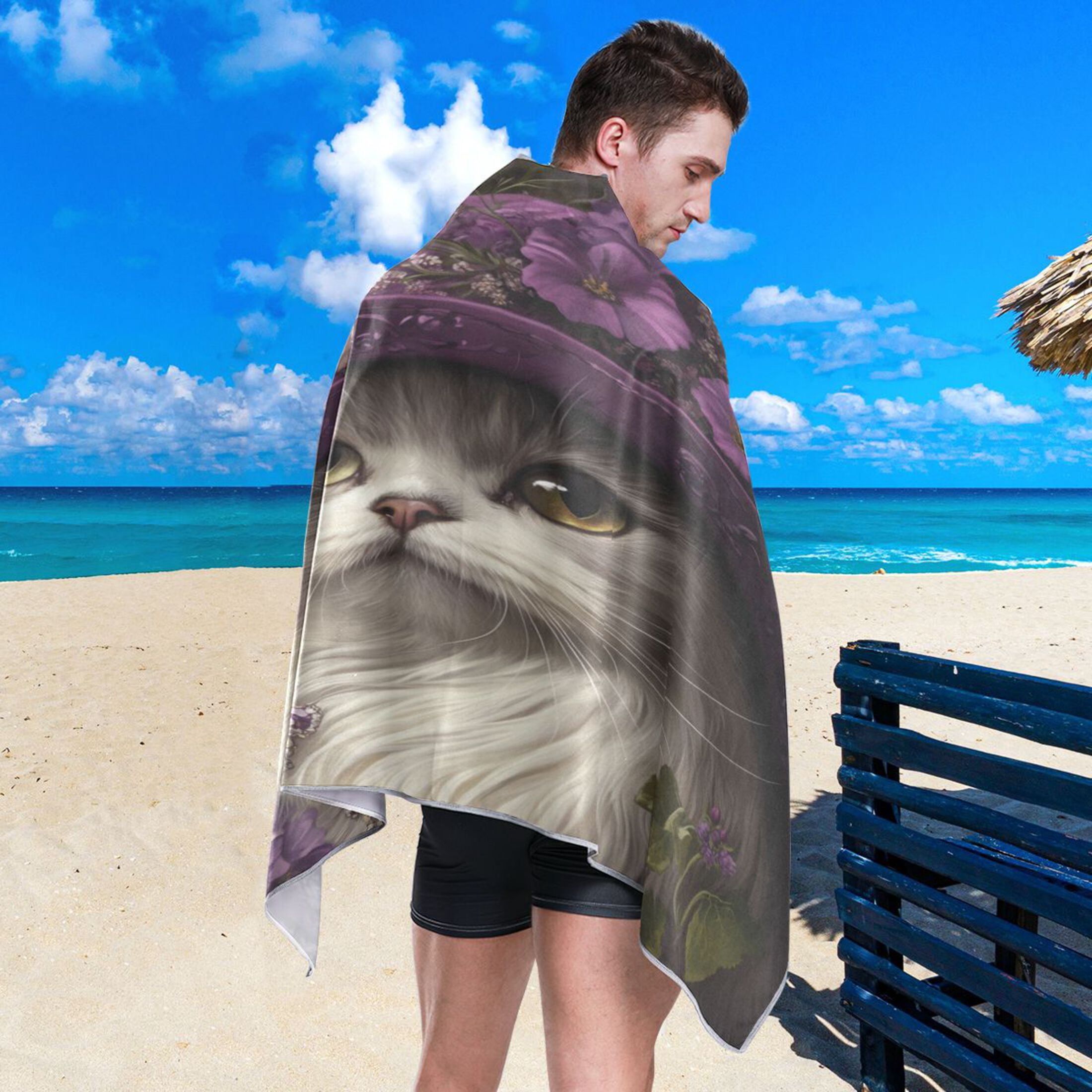 Qxltty Elegant Persian Cat Beach Towel Sand Free Bath Towel Absorbent Quick Dry Soft Lightweight Blanket for Travel Gym Camping 71x31in