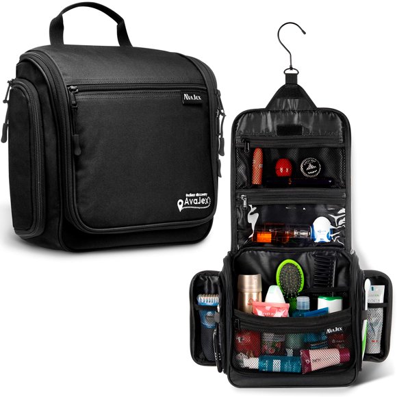 Large Hanging Travel Toiletry Bag for Men and Women - Premium Toiletry Organizer - Waterproof Hygiene Bag with Metal XXL Swivel Hook, YKK Zippers and 19 Compartments for Toiletries (Jet